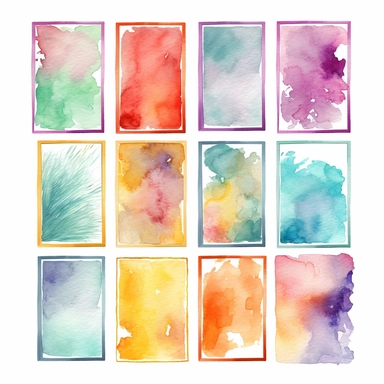 nine abstract watercolor background vector clipart, in different light pastel colors, rectangle frame, hazy romanticism, free brushwork