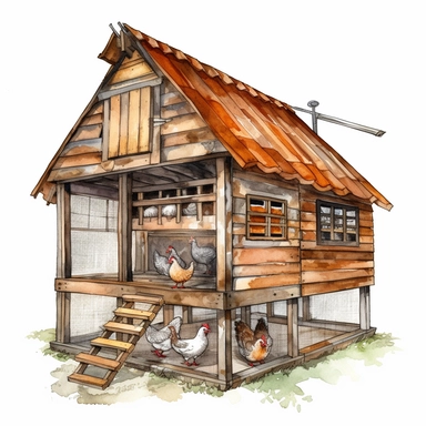 Highly detailed and realistic chicken coop Watercolor Clipart, transparent background, watercolor and black ink, on white background, NO TEXT,NO WATERMARKS