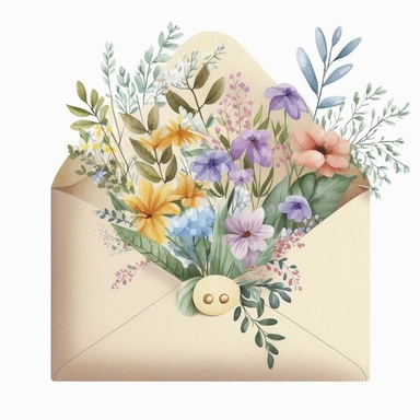 envelope full of spring flowers, light cheerful colors, disney style, kid illustration, watercolor, white background, clipart, CMYK,