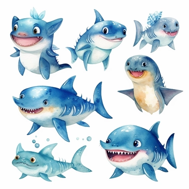 watercolor set of baby shark clipart, for kids book, white background, HD, Color