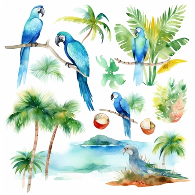 Tropical island beach clipart set isolated on white, watercolor, turquoise, blue parrot, - - no photograph