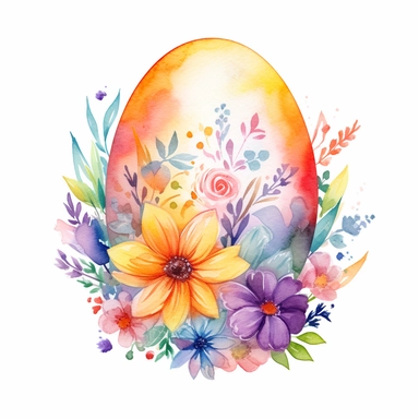 a bright watercolour composition of one easter egg with beautiful bold pattern surrounded by delicate flowers isolated on a white background for clipart or sticker, enchanting cottagecore style by digitalcurio, warm and cozy feeling, warm glowing lighting, artist: Lisa Frank –no text fonts letters watermark words typography slogans signature