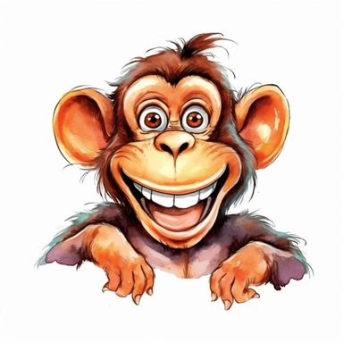 cartoon funny happy monkey illustration clipart, detailed, black outline, white background, 4k, watercolor, digital art