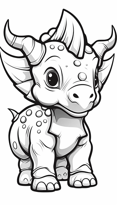 Triceratops, that is clean and simple on a white background, in 2d clipart vector style for adobe illustrator, should express a comic and a cartoon style look, cute and funny, the outer border width must be 4mm, it must be suitable for a coloring book, sm