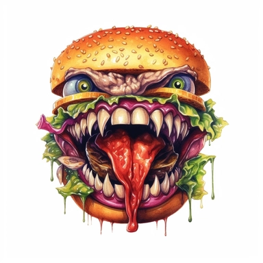 An intricate watercolor of the face of a hamburger demon. watercolor, white background, clipart, ultra high detail, ultrarealistic