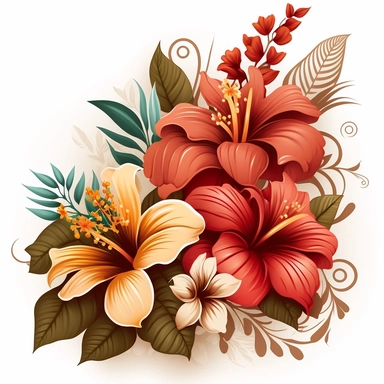 floral accents, blooming flowers like hibiscus, orchids, and plumeria. Use coral and brown colors to make them look vibrant and fresh. clipart