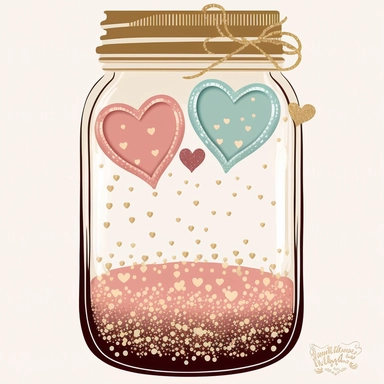 mason jar with hearts and glitter clipart, vector, 2d