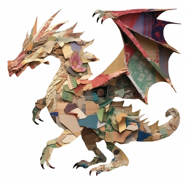 a dragon in the style of a torn paper collage, fantasy, textured, on white background, clip art