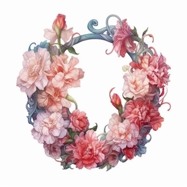 wreath of Carnations light watercolor clipart, centered, isolated on white background, James Jean and Peter Mohrbacher