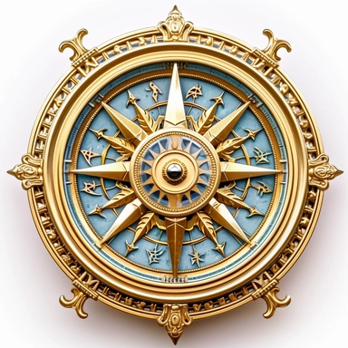 Design an extraordinary clipart of a fairy tale-inspired compass against a pristine white background. The compass should have a golden, filigree design, with a delicate crystal replacing the needle. Depict ancient symbols of guidance and destiny on the compass markings.