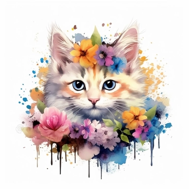 Beautiful colorful kitten on flowers, summer vibes, hand drawing digital art, clean design, sublimation, colorful, watercolor style, white background, 4K, extremely detailed, clipart