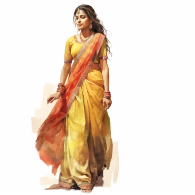 watercolor style, full body view, beautiful woman from India wearing traditional clothes, very detailed, realistic, clipart, isolated on white background, 4K