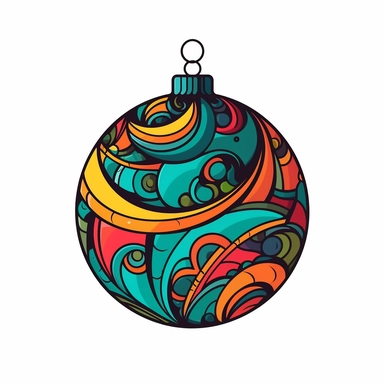 colourful christmas ball Ornament illustration, cartoon clipart style, thin black outline, Vector style illustration, Decal Cut, Clear and Clean image, white Background, 8k, full hd
