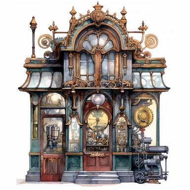 Café storefront, a perfect blend of Victorian elegance and Steampunk aesthetics. Riveted steel walls, cogwheel decorations, and a vintage espresso machine visible through the glass. Watercolor Cafe Storefront Clipart, hyper-realistic, intricate detail, white background
