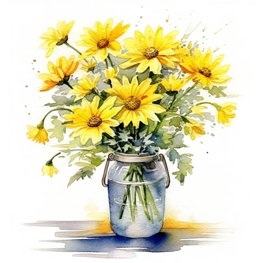 yellow daisy flower in vase clipart, watercolor