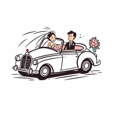 wedding couple vector bride and groom is in the car stick figure black line clipart