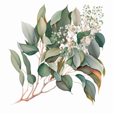 a vibrant clipart image of green eucalyptus foliage, featuring branches adorned with white gum blossoms in soft shades ,white background,no texte