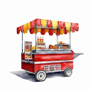 hyper-realistic high-detailed watercolor clipart of a mobile hot dog stand on a white background. The stand should have a sleek and compact design, reminiscent of the iconic New York street style. Depict a streamlined cart with a simple color palette, such as silver or gray, with pops of red and yellow accents. Ensure the clipart includes essential elements such as the serving window, grill, condiment area, and a small seating counter if desired. Emphasize the presence of the grill, showing it a