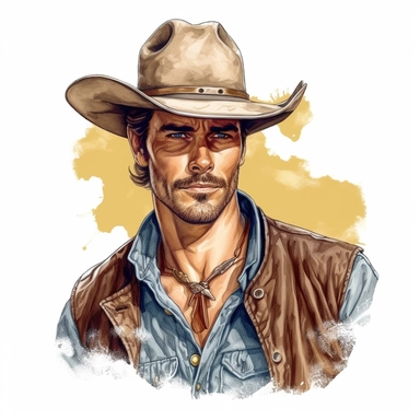 beautiful stunning handsome vintage cowboy man, tarot style, paint art style, clipart, white background, superrealistic, one of a kind