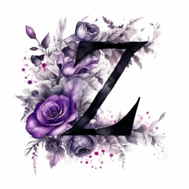 ultra beautiful Victorian vintage black alphabet letter Z, decorated with goth black and purple roses, water colour illustration, clipart, white background