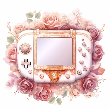 Watercolour rose gold and pastel detailed 3d Handheld gaming console, surrounded by beautiful roses and Swarovski crystals and diamonds, svg clipart style, solid white background, clipart element, clipart style highly detailed beautiful