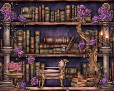 Royal Steampunk ClipArt, background paper, wall paper style, library, rows of books and wooden bookcases, roses, Watercolor Steampunk PNG, Victorian Clipart, Fantasy Clipart, deep purple