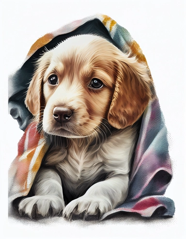 baby dog in a blanket, watercolor clipart, transparent background,
