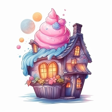 cute colourful magical cupcake that looks like a house in a, beautiful details, pastell, clipart, white background, 8k