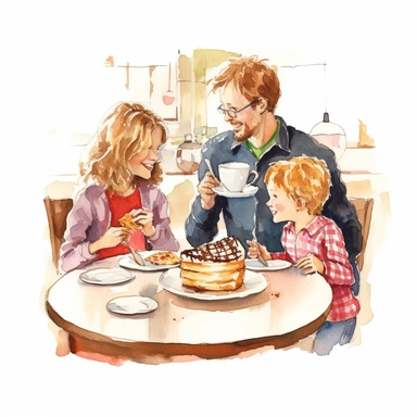 watercolor, hand drawn family eating cheesecake at a bakery clipart, hd, white background, spaced out--ar 3:2