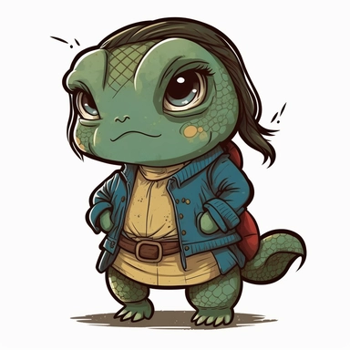 small cute anthropomorphic Chibi turtle animal, dressed like a woman, wearing jeans and t-shirt, clipart, in sticker style, in comics style, cell shading