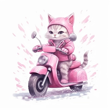 Draw a series of cliparts showing a cute cat riding a pink motorcycle through different weather conditions, such as rain or snow. Low detail. White background, soft lighting. In the style of Bob Ross