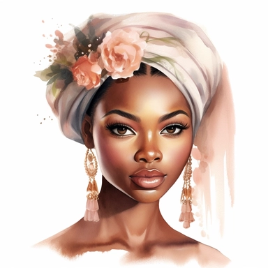 african Bride's Makeup Clipart: This watercolor clipart captures the bride's soft makeup look, highlighting her eyes and lips in delicate pastel hues.