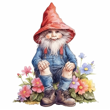 the most cute whimsical gnome, with hat over eyes, wearing a summer flowers hat and poulaines shoes, hands in his pockets, sitting, clipart, white background with margins