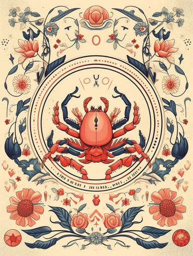 vintage Folk Art cancer zodiac, floral tapestry,70’s style, for a T-shirt graphic, minimalist, white background with margins, clipart style