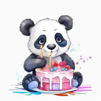 cute cartoon panda with birthday cake illustration clipart, detailed, outline, white background, 4k, digital art, watercolor