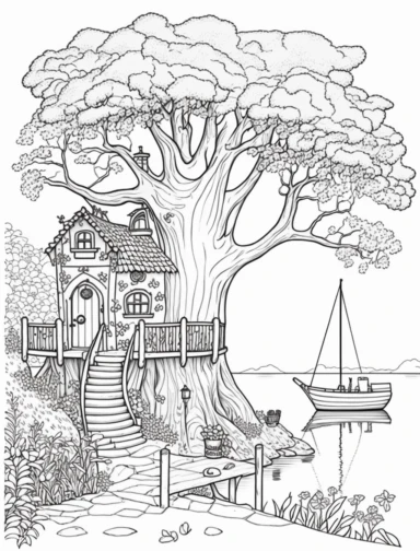 coloring page, Tree House, Bridge, boat, sample line art children's drawing, clipart,