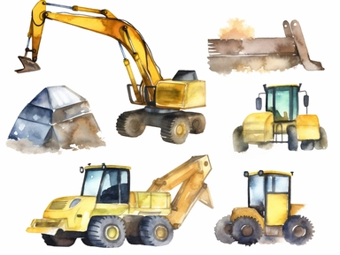watercolor construction clip art for kids , escavator, backhoe digger, bulldozer, caterpillar, white background,