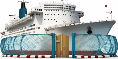 clipart, security barricade protecting a maritime ship, white background