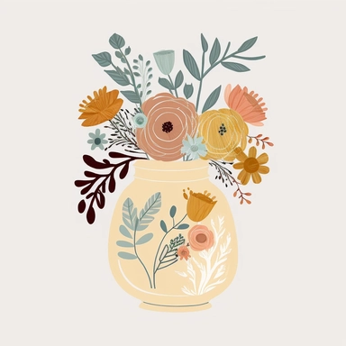 clipart , minimal simple full screen kids Vase contain varitey of flowers and rose Bohemian style ,white background ,no text ,without border