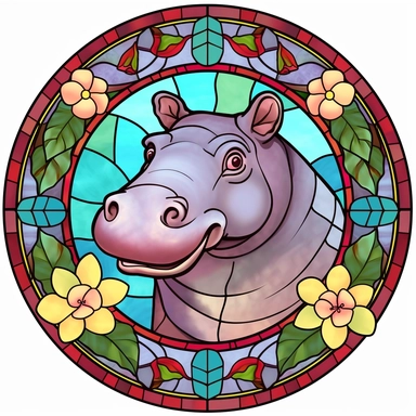 Stained Glass CUTE HIPPO FLOWERS in the shape of a circle PNG Clipart