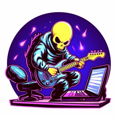 a cartoon clipart of a bald leech character playing heavy metal guitar in dark clothing while stitting at a computer with headphones ? on a white background neon frame bold outline clipart