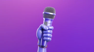 3d render, cartoon character hand holds microphone. Rock concert clip art isolated on violet background, Bright color, ultra realistic
