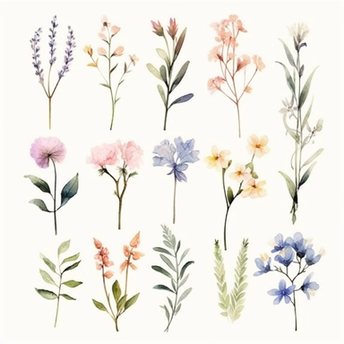 Create a series of minimalist watercolor wildflower clipart with clean lines and pastel color palettes, specifically tailored for Midjourney compatibility, ideal for achieving a modern and contemporary look