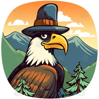 <cartoon style> an eagle flying in a valley with a supreme hat on its head clipart