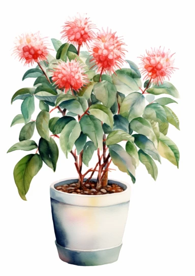 little watercolor intense rambutan tree growing in mediterranean pot clipart on white background
