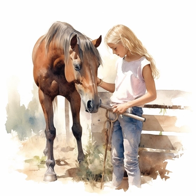 realistic watercolor drawing of a farmer girl brushing a horse on a charming California farm, on a white background where the background will be removed to repurpose as a clipart.