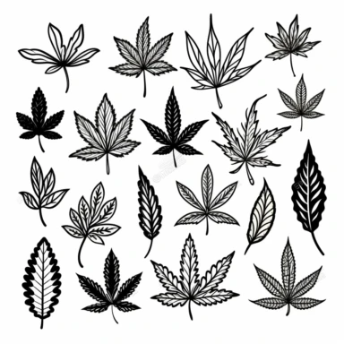 Illustration hand draw style of kawaii cannabis leaves, black and white , clipart collection, clean lines, vector line, white background