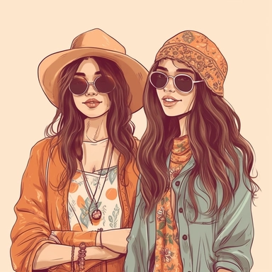 boho Best Friends Clipart, Girlfriends, group of 2, portrait, fashion, pretty face, no caption,