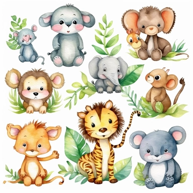 Watercolor baby jungle animals , illustrations clipart set, simple , cartoon elements, different variants , , separate elements with a margin