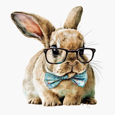 clipart watercolor funny bunny cute bunny in glasses, with bowtie, 4k, realistic, white background